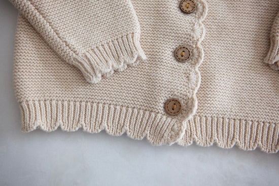 Baby Girl Cardigan Sweater with scalloped details - Brown or Beige - Cheerful Lane