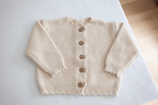 Baby Girl Cardigan Sweater with scalloped details - Brown or Beige - Cheerful Lane