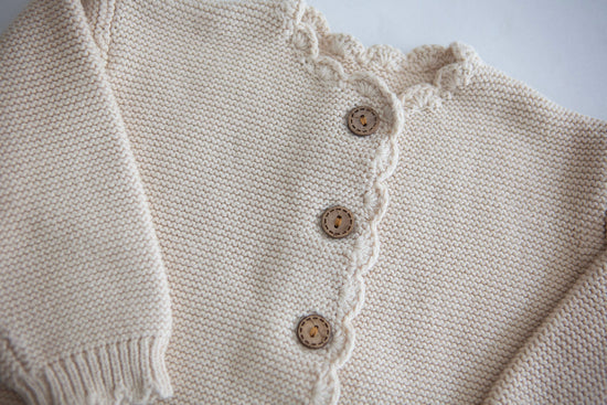 Baby Girl Cardigan Sweater with scalloped details - Brown or Beige - Cheerful Lane