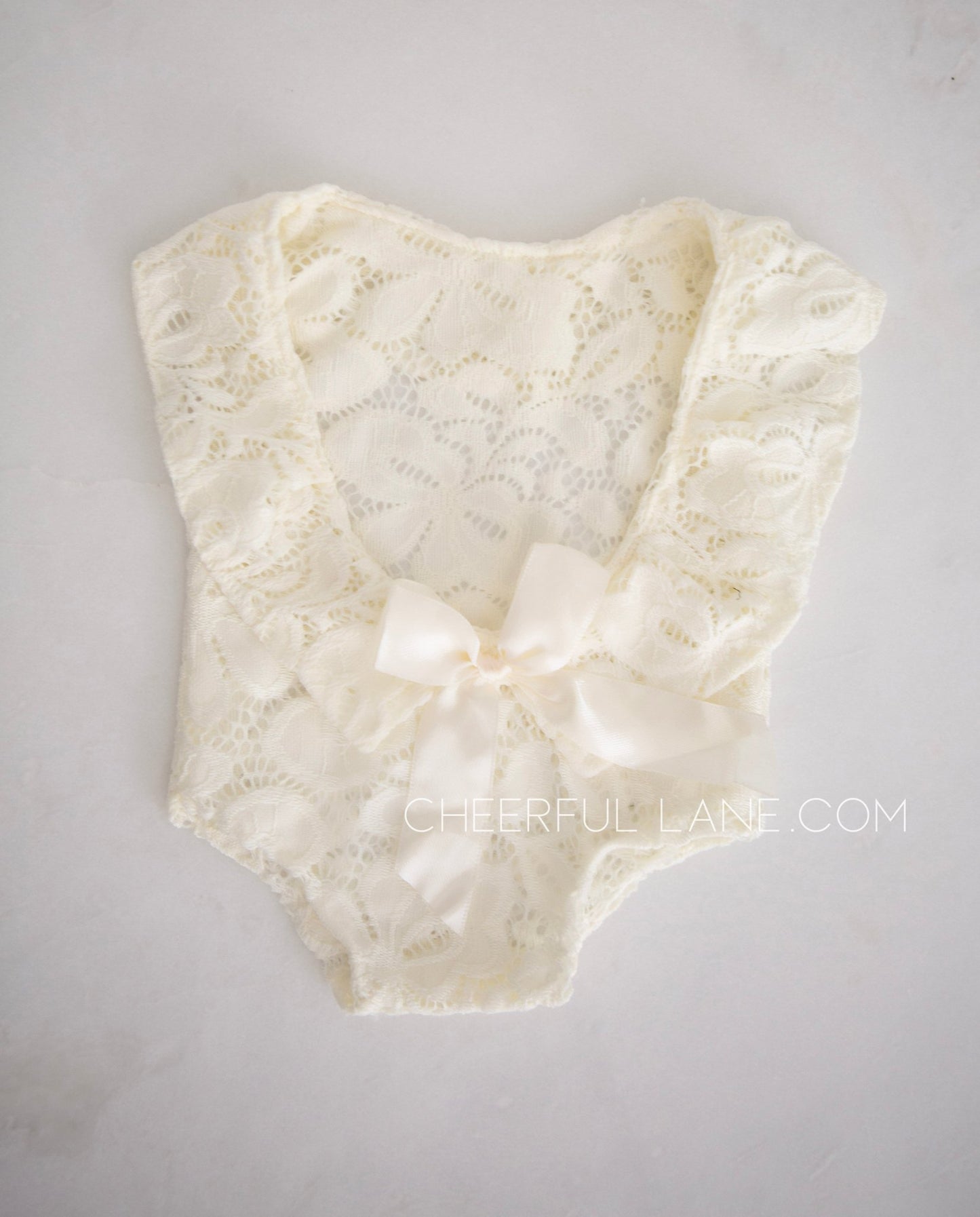 Cream Lace Newborn Romper Photo Prop - Open Back with Bow - Cheerful Lane