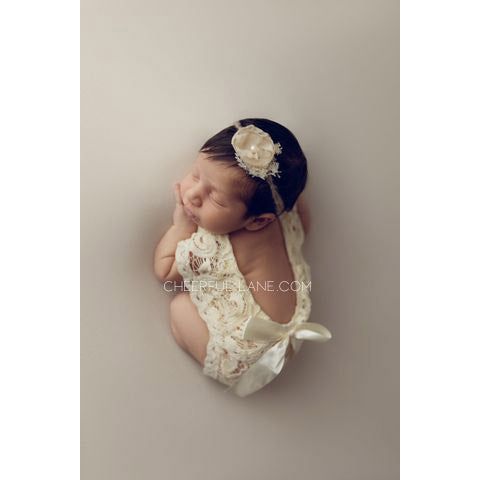 Cream Lace Newborn Romper Photo Prop - Open Back with Bow - Cheerful Lane