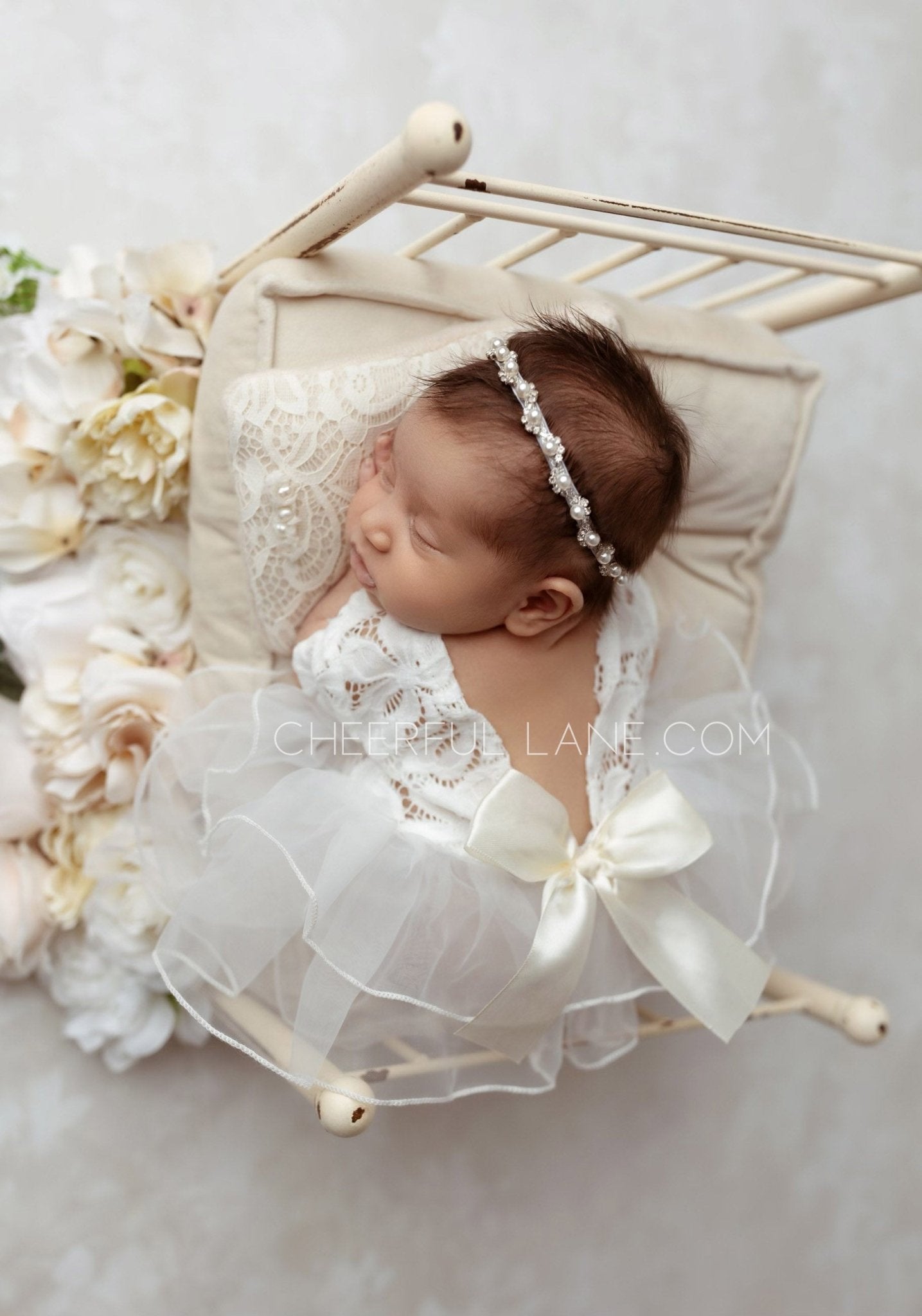Newborn Photo Prop Lace Romper with open back and ruffle skirt - Cheerful Lane