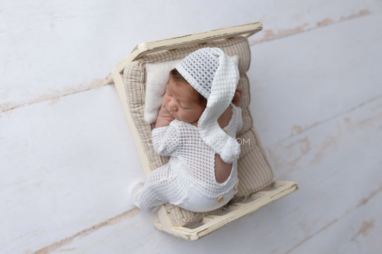 Newborn Photography Prop White Knitted Newborn Romper and Hat Set - Newborn Prop - Cheerful Lane