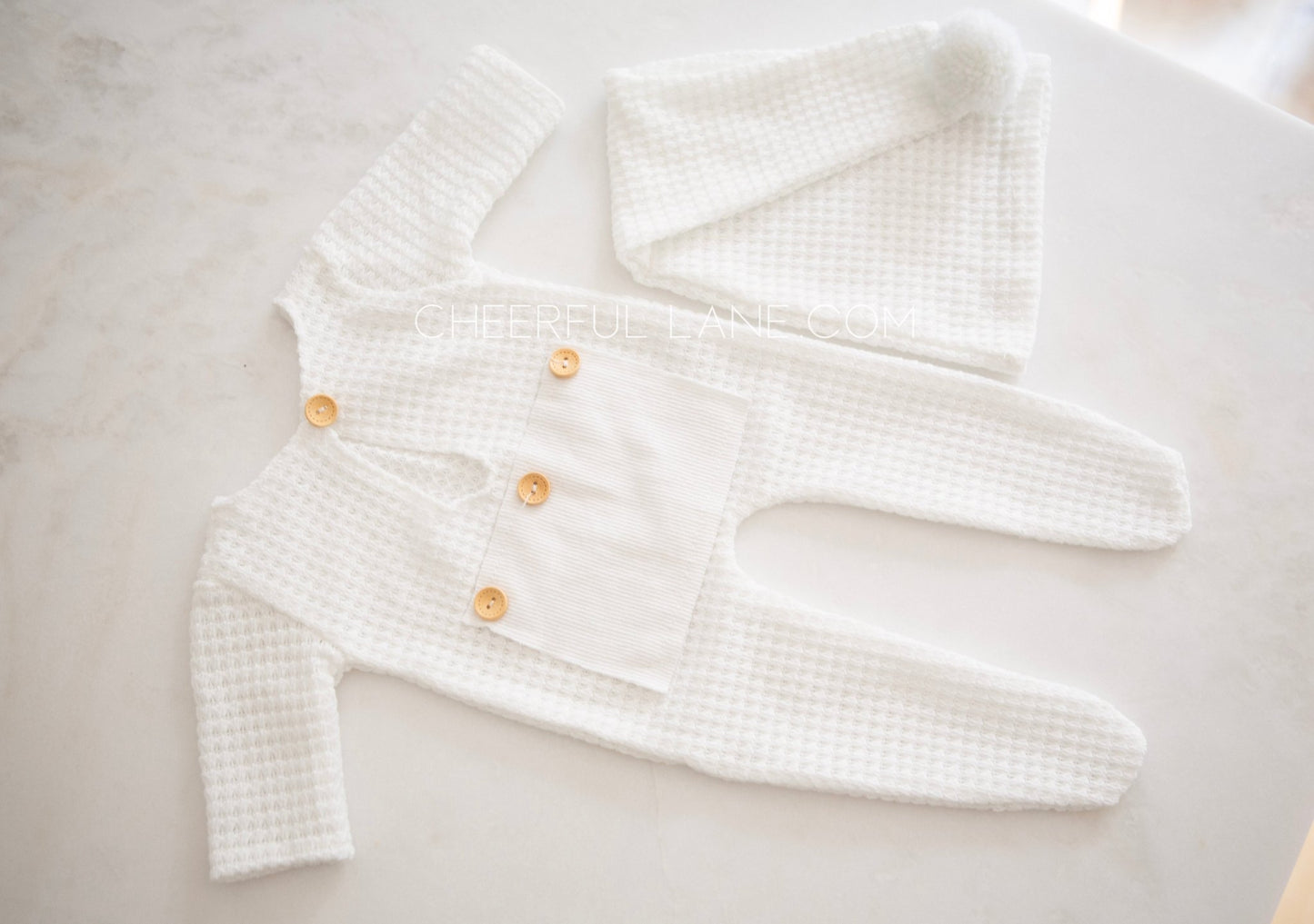 Newborn Photography Prop White Knitted Newborn Romper and Hat Set - Newborn Prop - Cheerful Lane